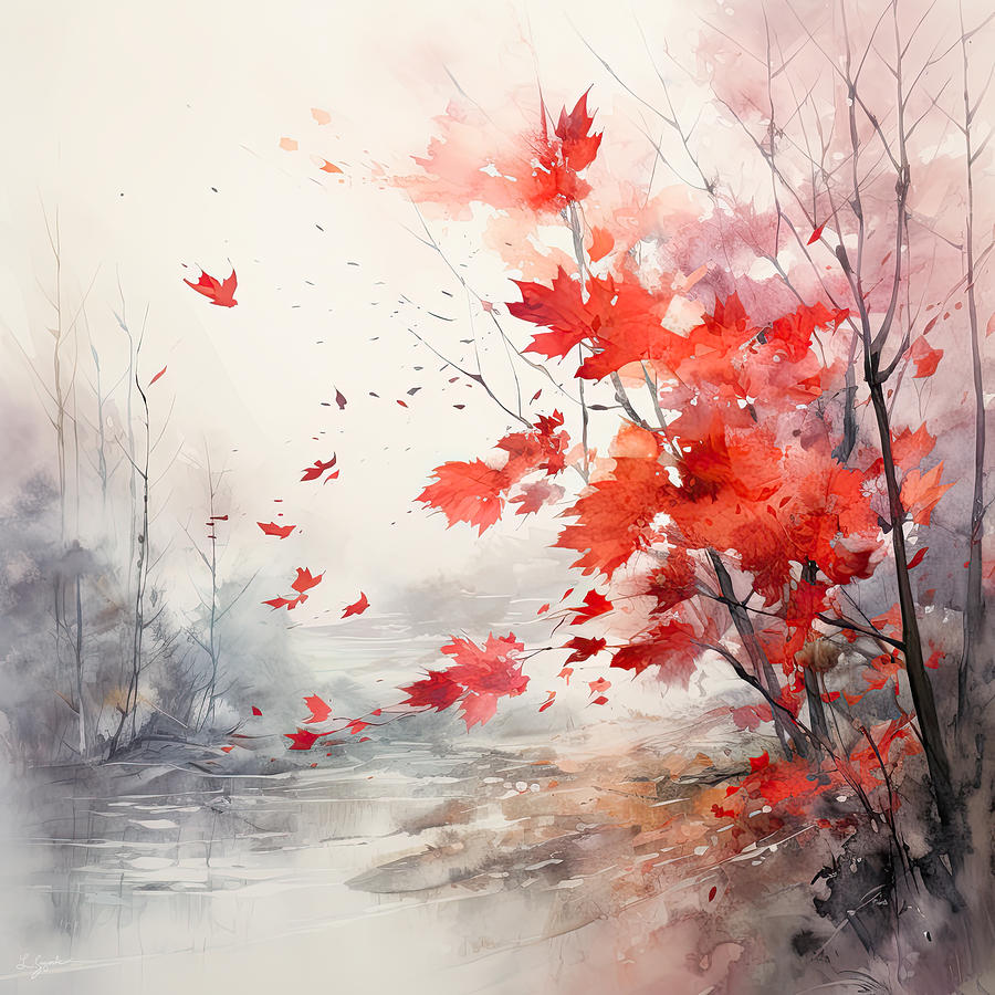 Red And Gray Painting - Autumn Leaves Blowing with the Wind by Lourry Legarde