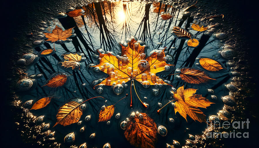 Autumn leaves float on dark water with bubbles and a luminous reflection of trees against a sunset. Digital Art by Odon Czintos