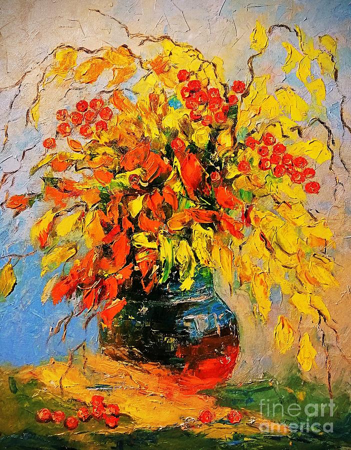Autumn leaves in a vase still life Painting by Amalia Suruceanu