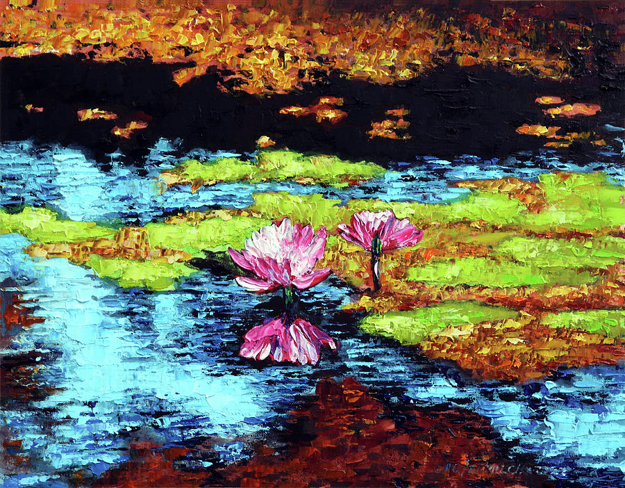 Autumn Leaves on Pond Painting by John Lautermilch