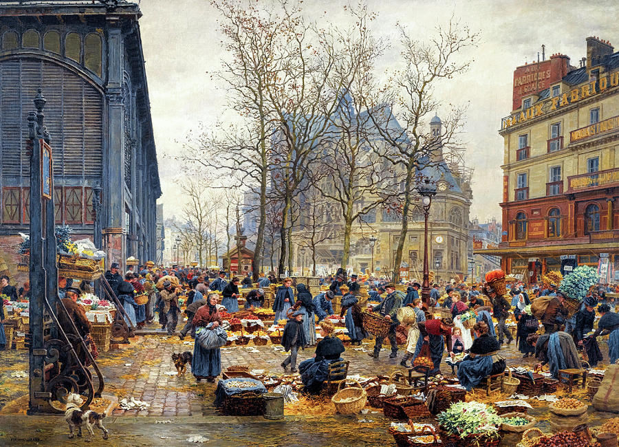 Paris Painting - Autumn Market at Les Halles by Marie Francois Firmin Girard 1910 by Marie Francois Firmin Girard