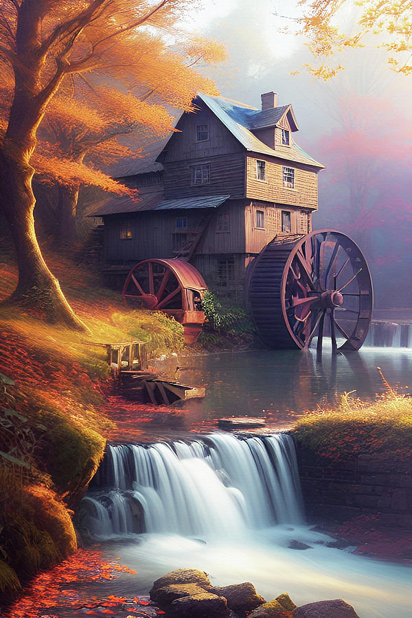Autumn Mill Waterfall Digital Art by David Dehner