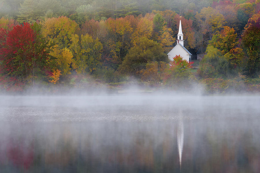 Autumn Mist at the Little White Church Photograph by Kristen Wilkinson