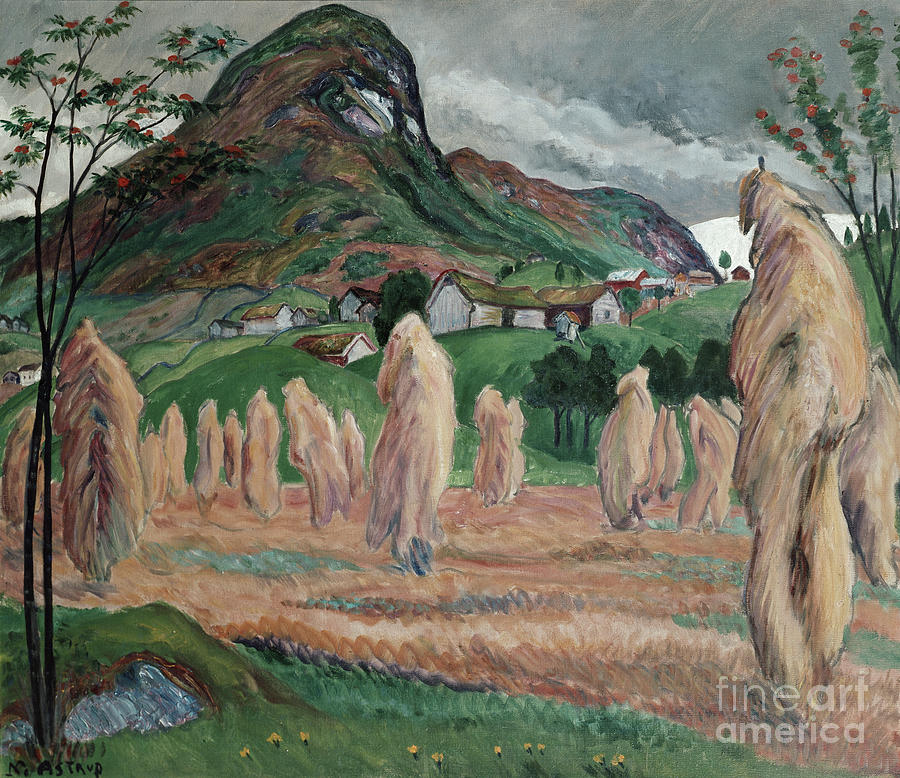 Autumn moisture and wandering sheaves on a pole, 1914 Painting by O Vaering by Nikolai Astrup