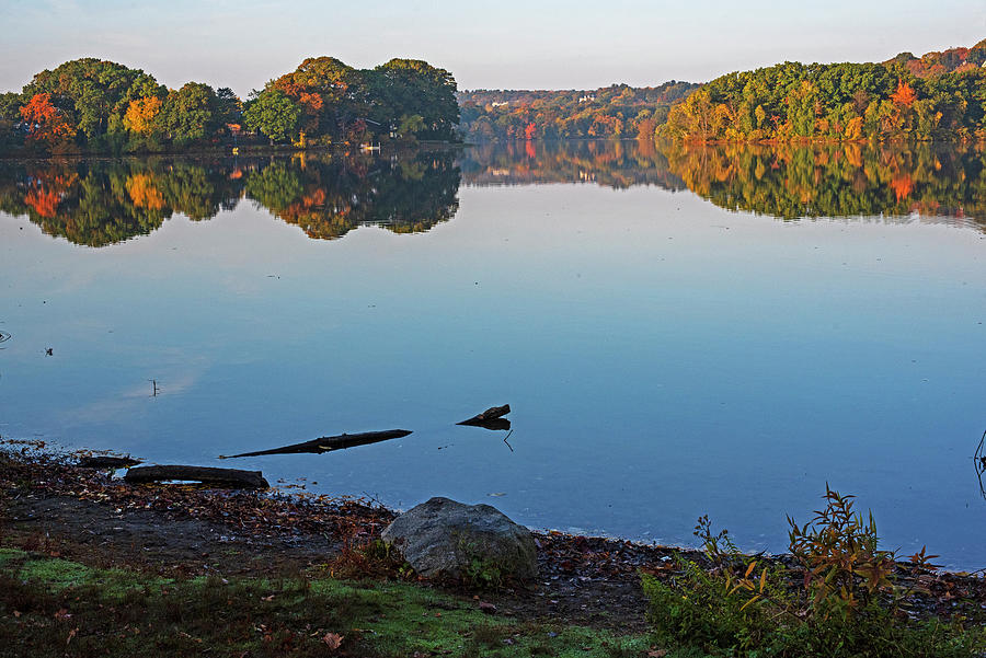 Autumn Morning on Spy Pond in Arlington Massachusetts Fall Foliage Beach Refection Photograph by Toby McGuire