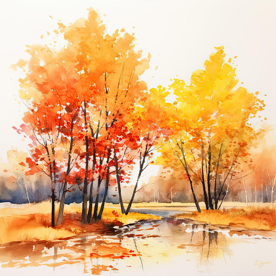 Yellow And Gray Digital Art - Autumn Nostalgia - A Watercolor Landscape by Lourry Legarde