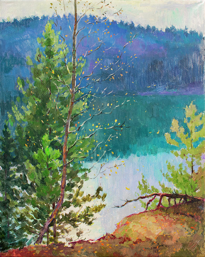 Sunset Painting - Autumn on the lake by Vera Bondare