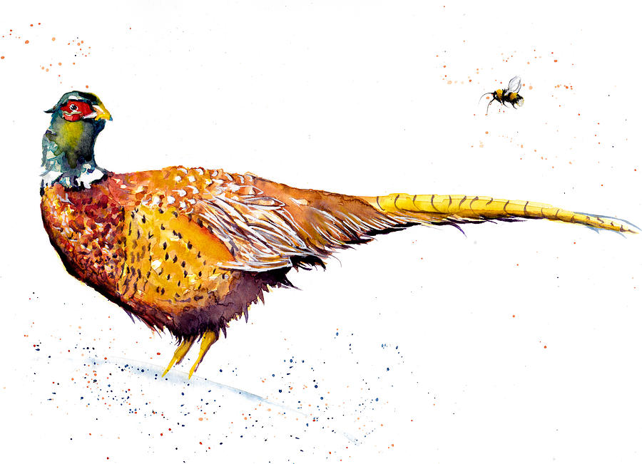 Autumn Pheasant and Bumblebee Painting by Debra Hall