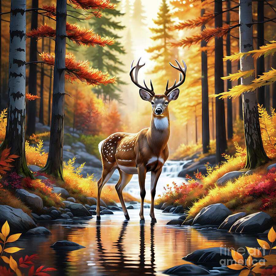 Deer Digital Art - Autumn pine forest deer by Sen Tinel
