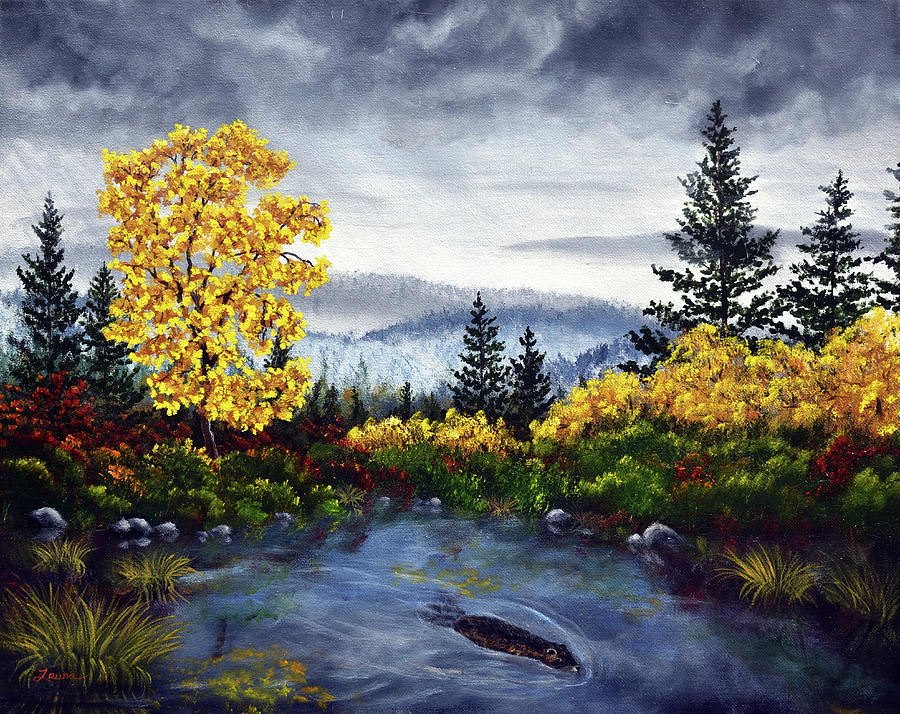 Autumn Pond Painting by Laura Iverson
