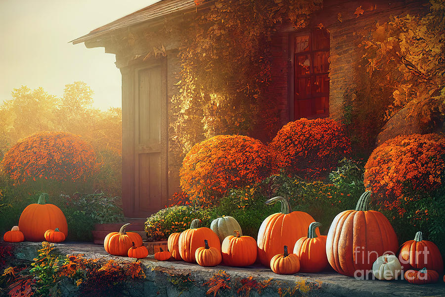 Autumn pumpkins decoration in home garden. Traditional thanksgiv Digital Art by Jelena Jovanovic