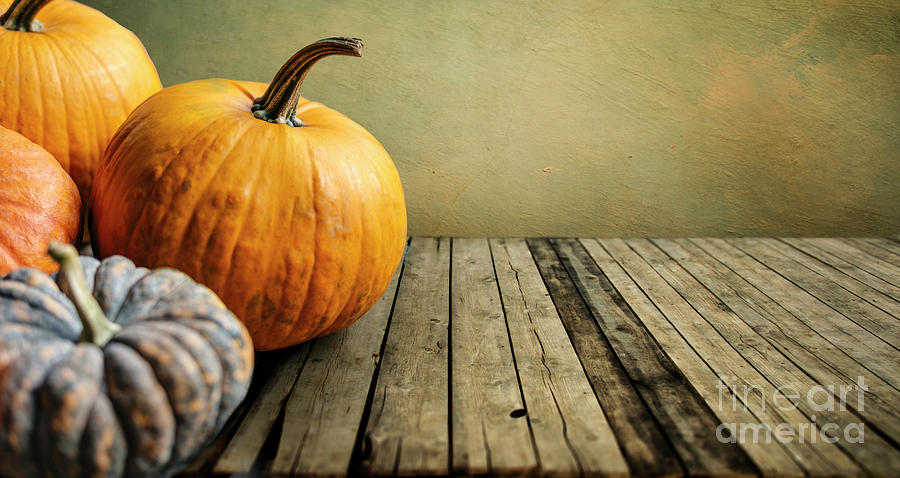 Autumn pumpkins still life on vintage wooden table and rustic ba Photograph by Jelena Jovanovic