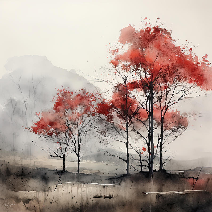 Autumn Red Maple Trees  Painting by Lourry Legarde