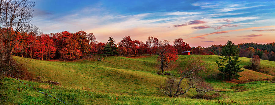 Autumn Red Trees and Red Barn Panorama Photograph by Dan Carmichael