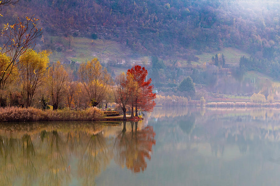 Autumn reflection on lake of Endine Photograph by Pietro Ebner