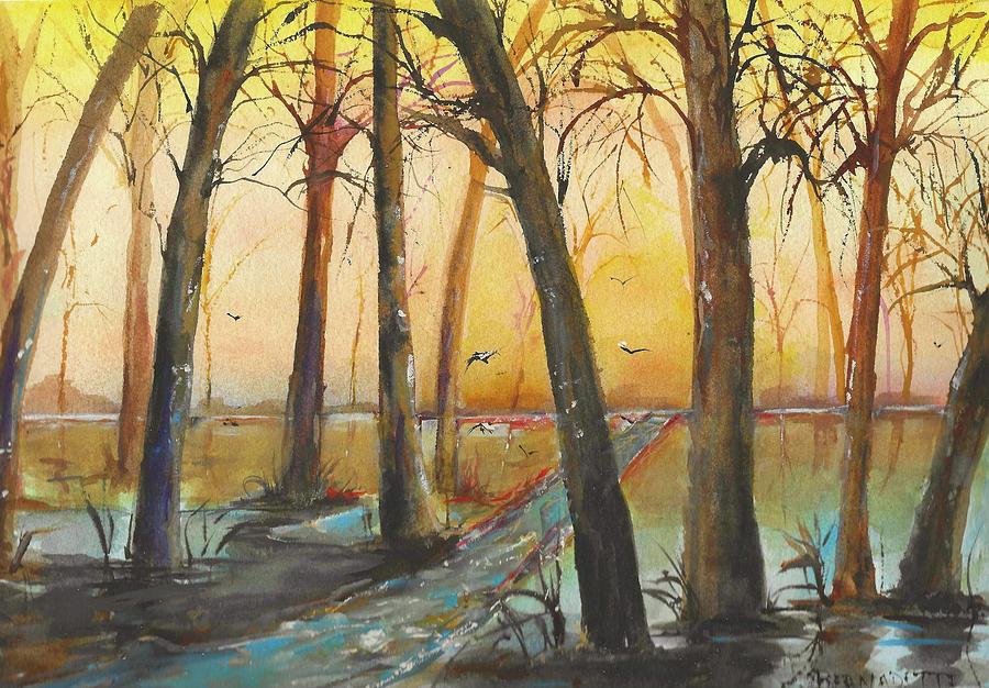 Autumn Riverbank Painting by Bernadette Krupa