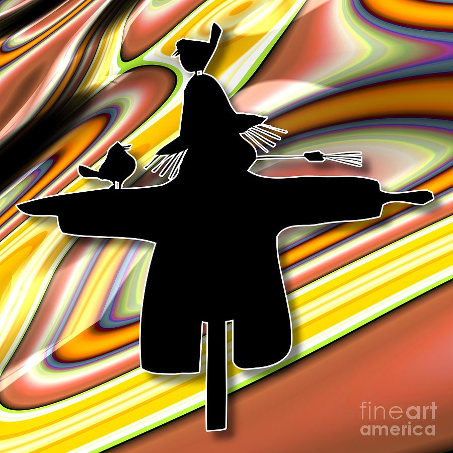 Autumn Scarecrow Silhouette with Abstract Fractal Background Digital Art by Rose Santuci-Sofranko