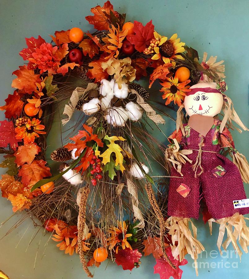 Autumn Scarecrow Wreath Painting by Saundra Myles