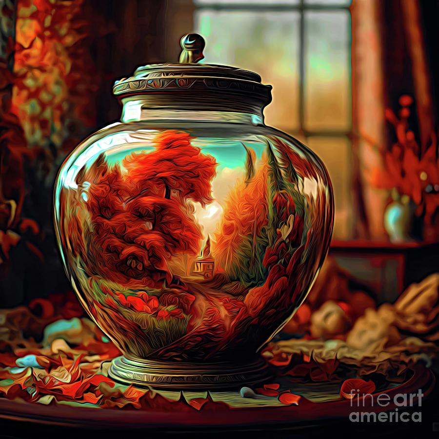 Autumn Scene  in an Antique Jar 3 Abstract Expressionism Digital Art by Rose Santuci-Sofranko