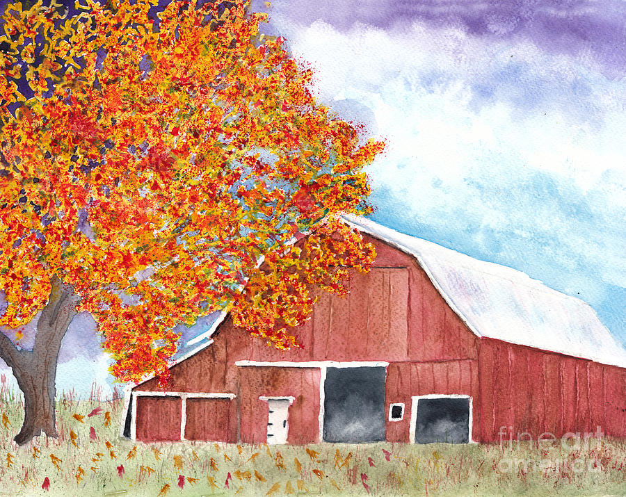 Autumn Skies over Red Barn Painting by Conni Schaftenaar