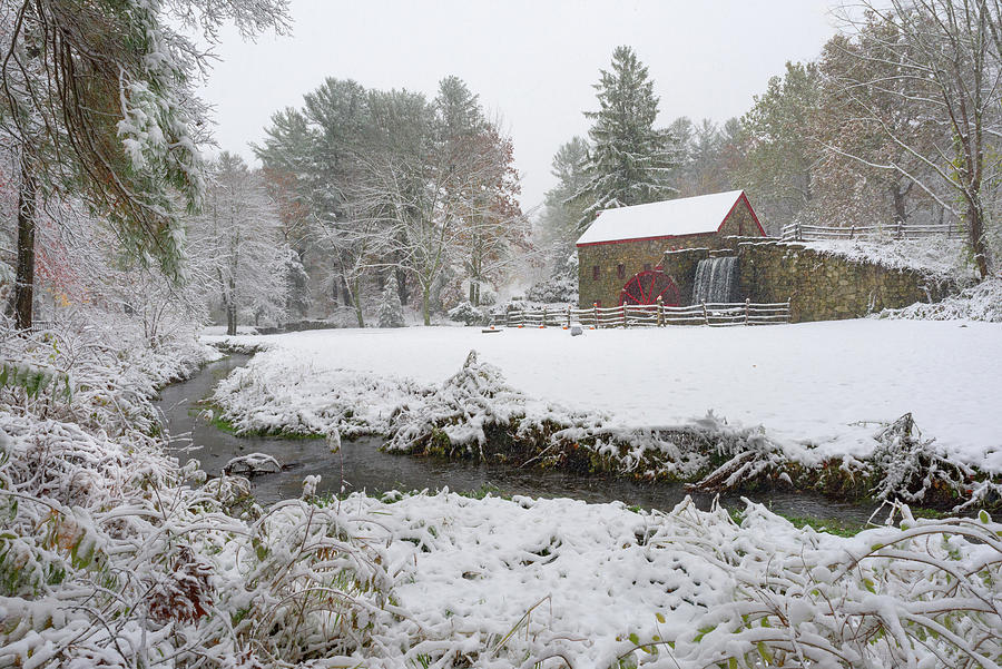 Autumn Snow at the Grist Mill Photograph by Kristen Wilkinson