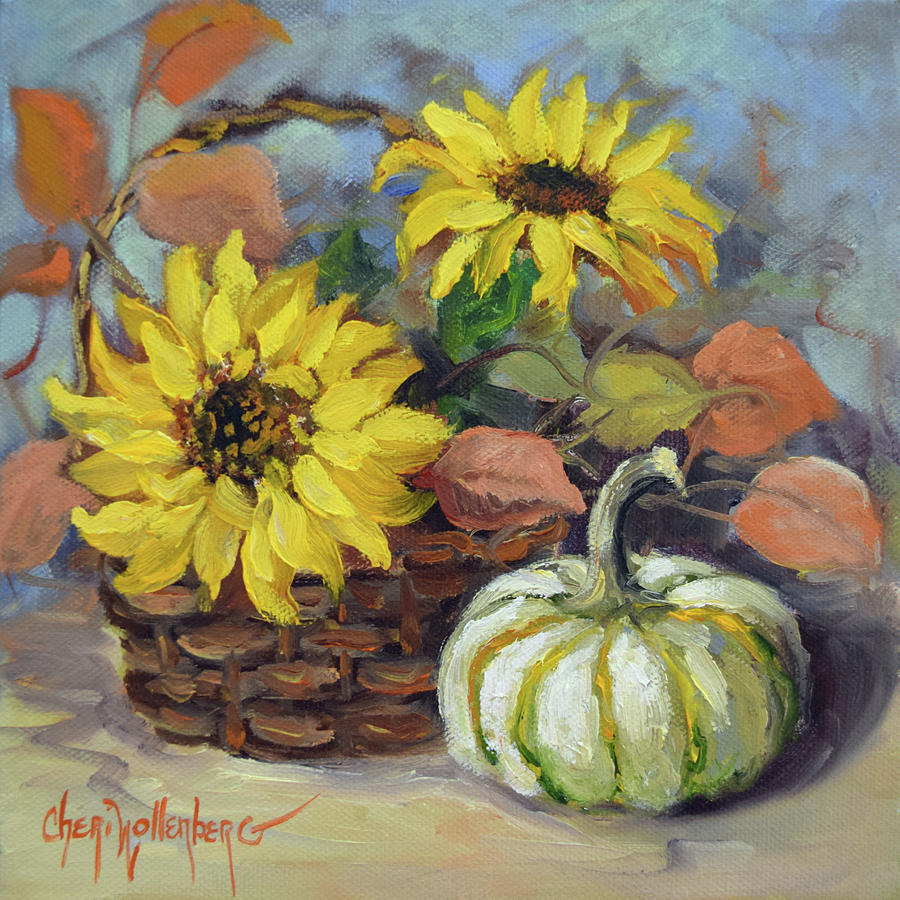 Autumn Still Life Of Sunflowers and Decorative Pumpkins Painting by Cheri Wollenberg