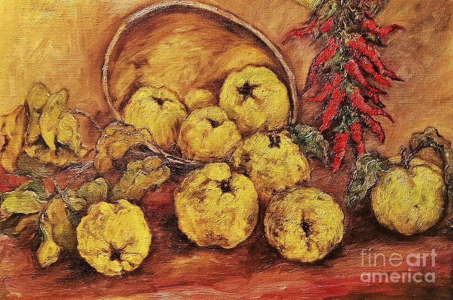 Autumn Still Life with Quince and Red Chili Peppers Painting by Amalia Suruceanu