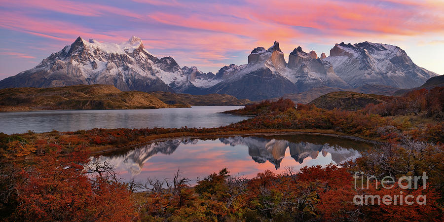 Autumn Sunrise from Pehoe Lake in Torres del Paine Chile Photograph by Tom Schwabel