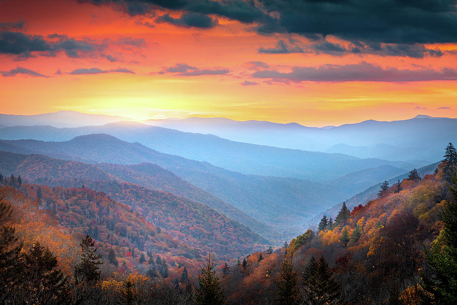 Autumn Sunrise In Smoky Mountain National Park NC Photograph by Jordan Hill
