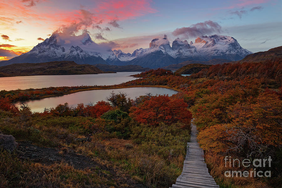 Autumn Sunset at Pehoe Lake in Torres del Paine National Park Photograph by Tom Schwabel