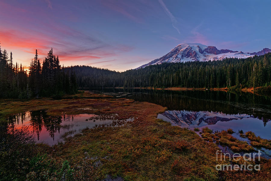 Autumn Sunset at Reflection Lake in Mount Rainier National Park Photograph by Tom Schwabel