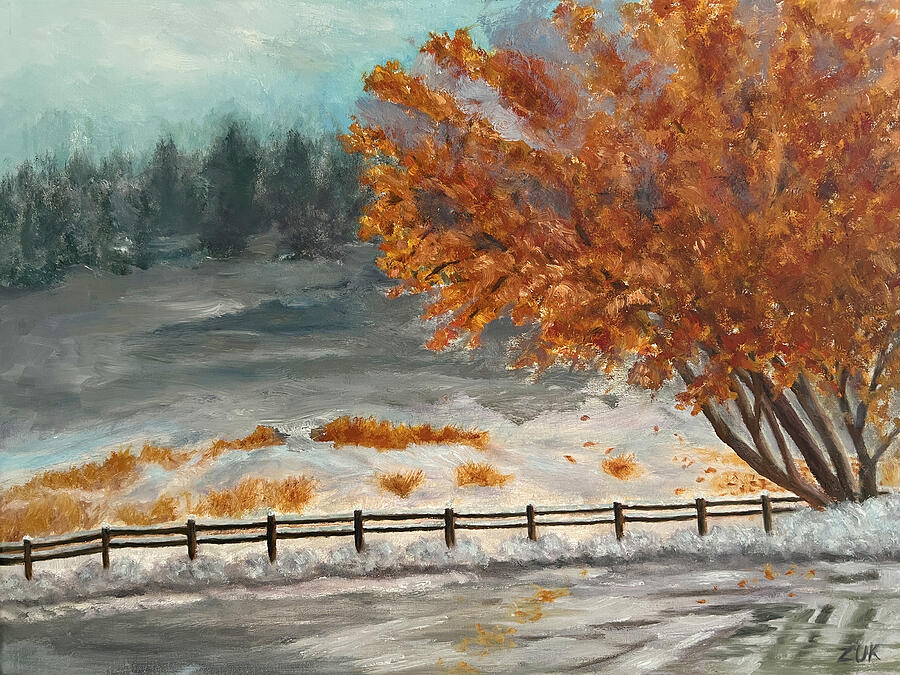Autumn Tree and Snow Painting by Karen Zuk Rosenblatt