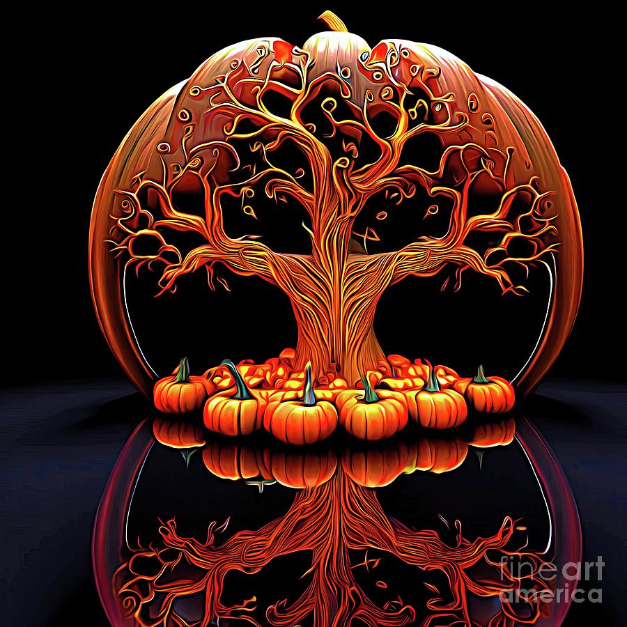 Autumn Tree of Life with Pumpkins Abstract Expressionism Digital Art by Rose Santuci-Sofranko