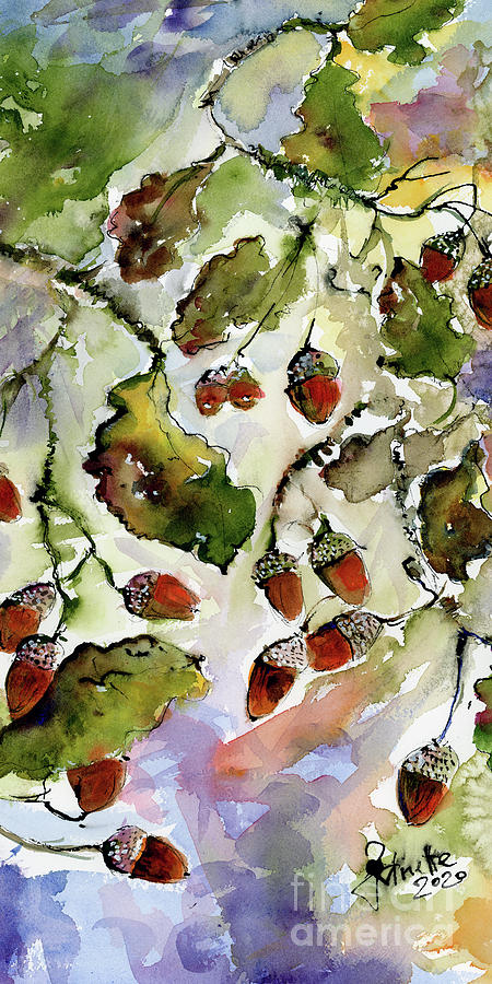 Autumn Trees Acorns and Oak Leaves Painting by Ginette Callaway