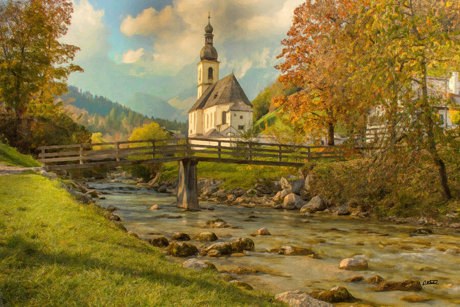 Autumn view from stream below St. Sebastian Church Ramsau - DWP1 Painting  by Dean Wittle - Fine Art America