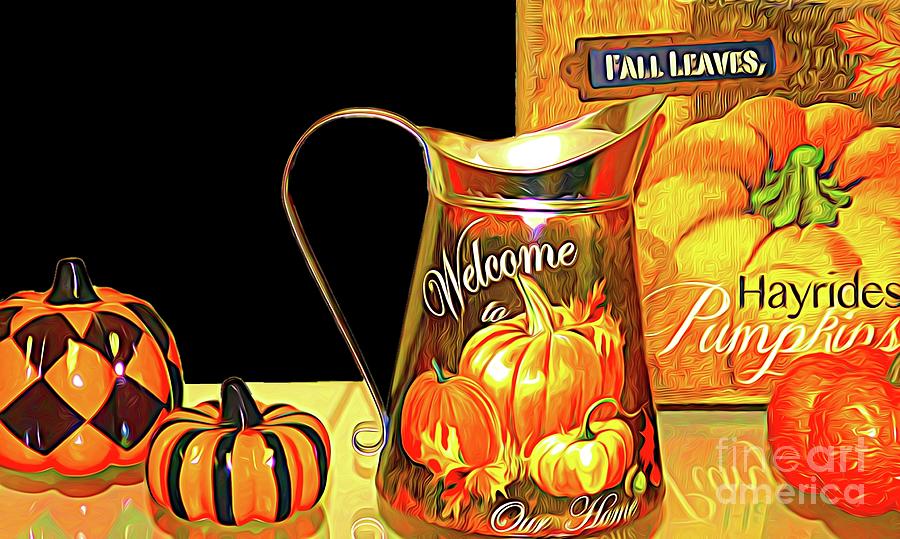 Autumn Welcome to our Home Display Pumpkins and Milk Jug Abstract Expressionism Photograph by Rose Santuci-Sofranko