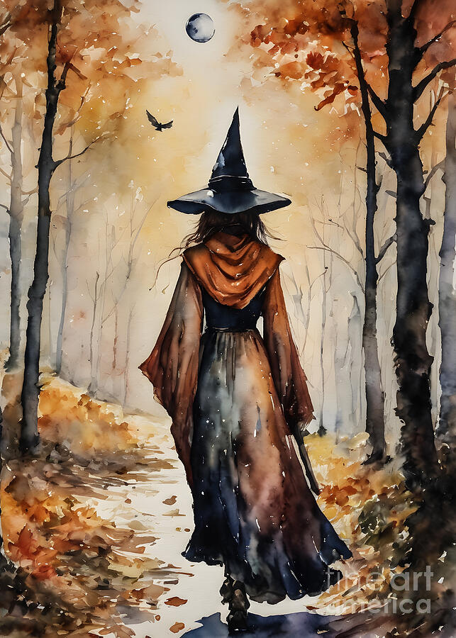 Witches Mixed Media - Autumn Witch on a Full Moon by Lyra OBrien