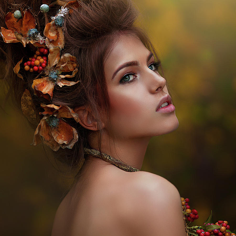 Autumn Woman. Forest fairy. Beautiful Stylish Girl With Professional Makeup Photograph by Zharinova - Fine