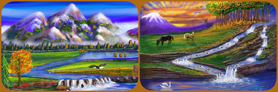 Autumn Wonderful World And Golden Falls Triptych Digital Art