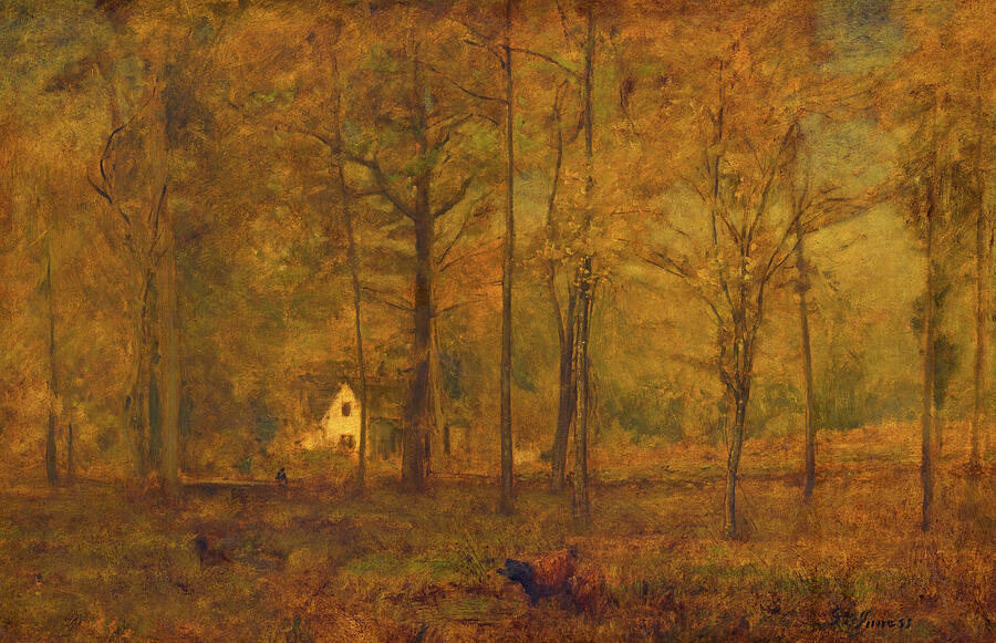 Sunset Painting - Autumn Woods by George Inness American Painter Sunset Painting - Autumn Woods by George Inness American Painter