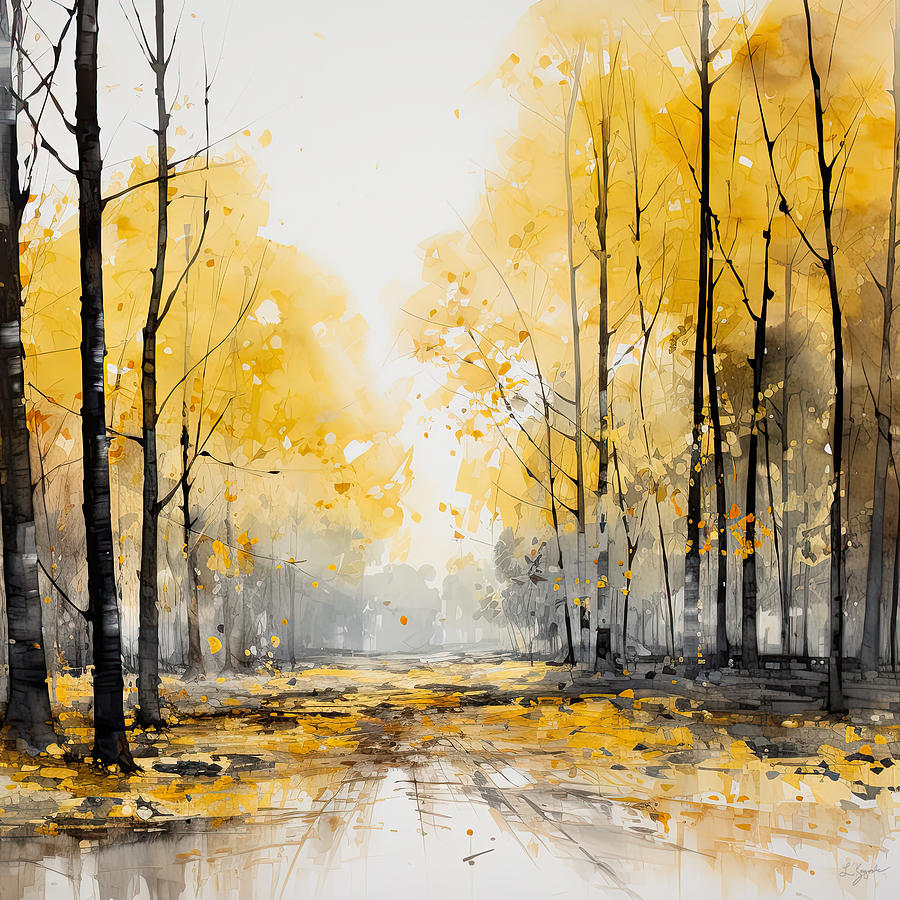 Autumnal Yellow and Gray Landscape Painting by Lourry Legarde
