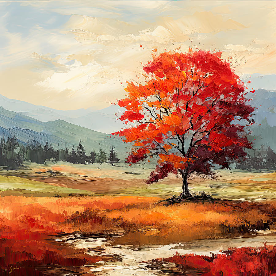 Autumns Tranquility  - Red Maple Paintings Painting by Lourry Legarde