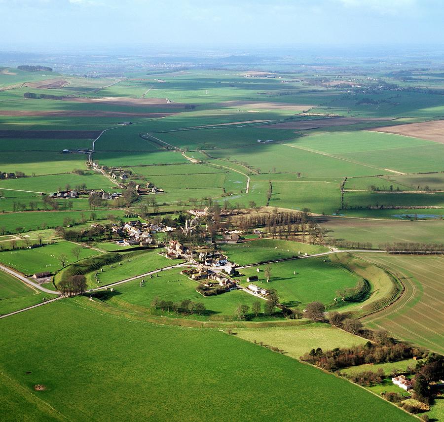 Avebury, England. Aerial view of the prehistoric stone circle and henge ...