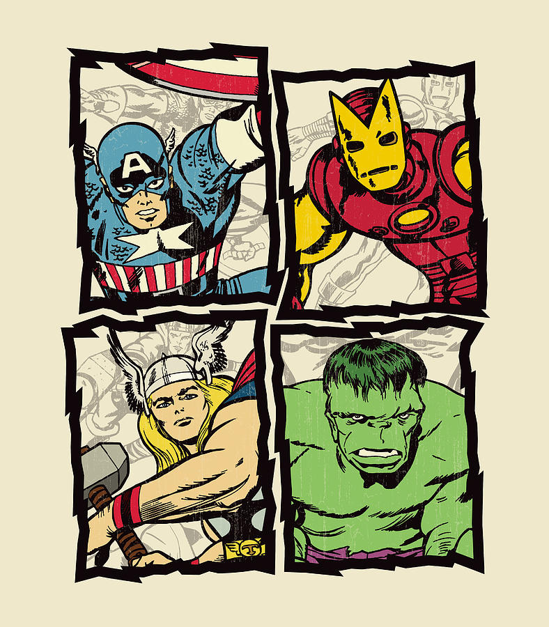 Avengers Digital Art - Avengers Silver Age Quad - Distressed by Edward Draganski