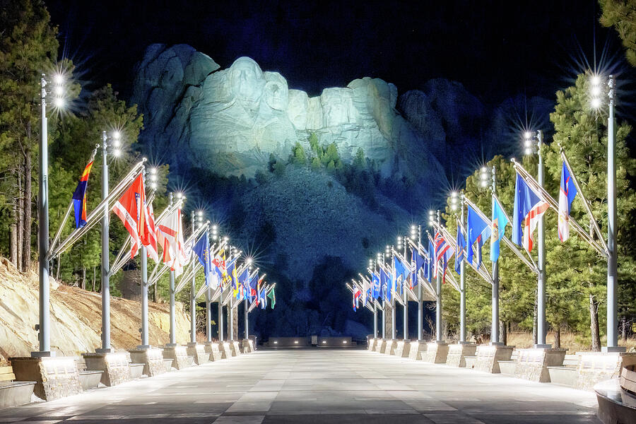 Rushmore Photograph - Avenue of Flags - Mount Rushmore at Night  by Susan Rissi Tregoning