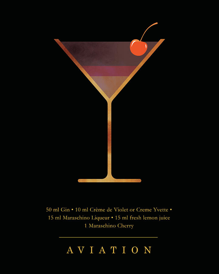 Aviation Cocktail - Classic Cocktail Print - Black and Gold - Modern, Minimal Lounge Art  Digital Art by Studio Grafiikka