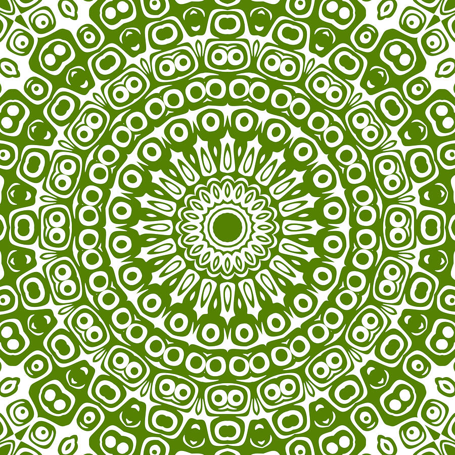 Avocado Green on White Mandala Kaleidoscope Medallion Flower Digital Art by Mercury McCutcheon