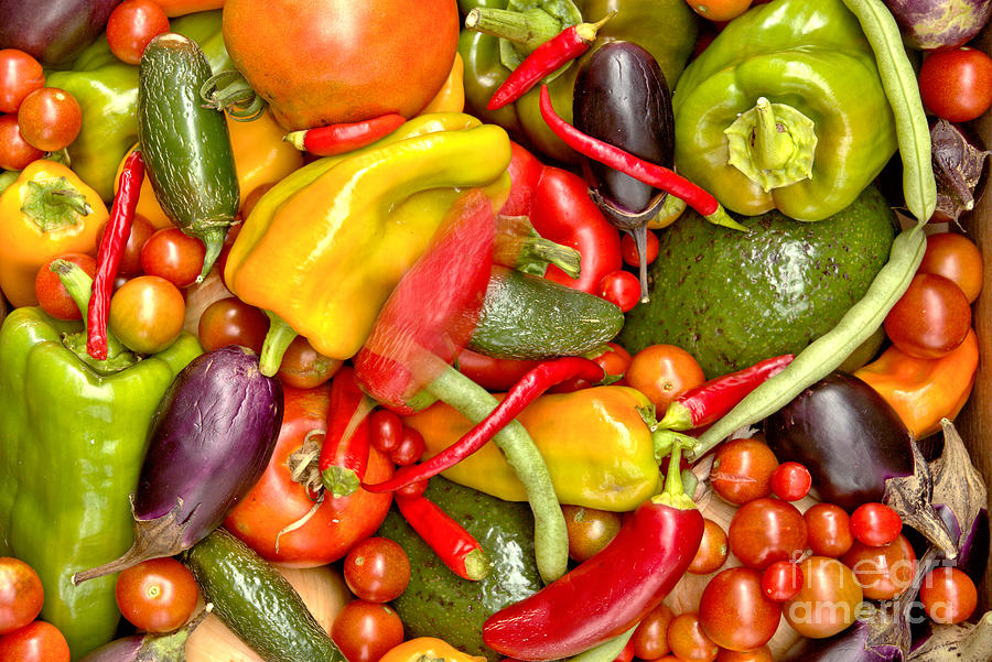 Avocados Peppers Tomatoes And Eggplants Photograph by Adam Jewell