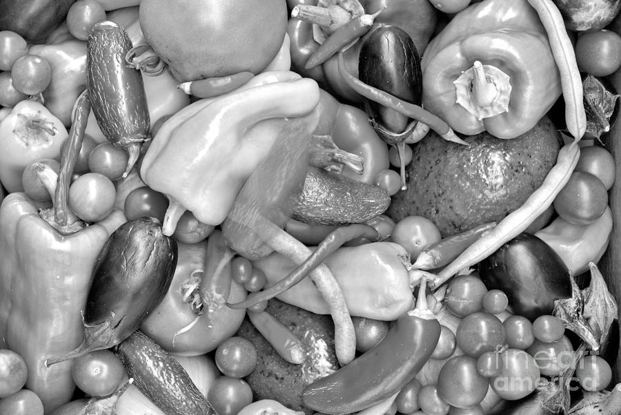 Avocados Peppers Tomatoes And Eggplants Black And White Photograph by Adam Jewell