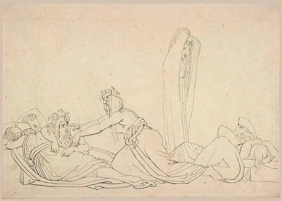 Awake, arise, rouse her as I rose thee. The Furies Drawing by John Flaxman